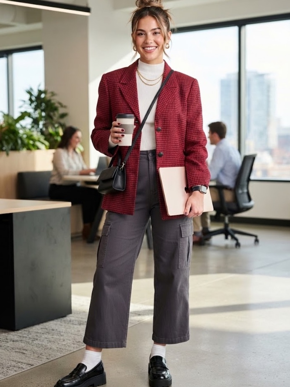 Le Suit Petite Red Black Grid Blazer Jacket 8P Textured Office Career